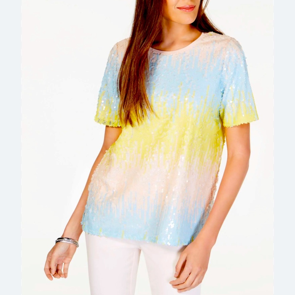 NWT ALFANI Womens Pastel Sequined Ombre Short Sleeve Top In Fresh Petals Size L